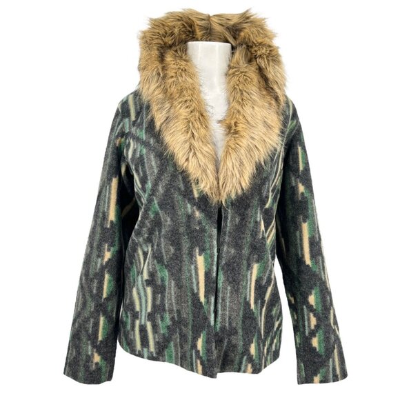 NWOT Colleen Lopez Women Faux Fur Trimmed Southwest Patterned Green Jacket Sz XS - Picture 1 of 12